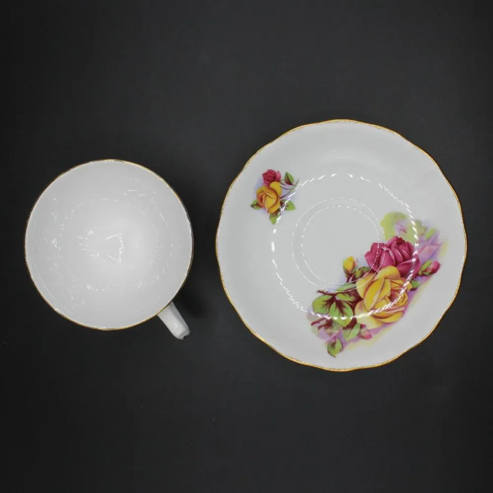 Vintage Royal Kent Teacup Saucer Set Made in England Rose Pattern 8263 Gold Trim
